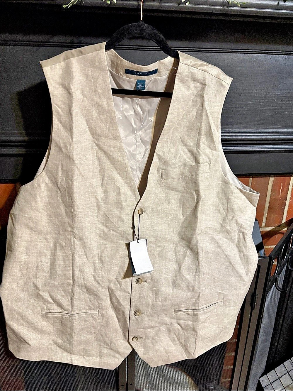 Perry Ellis Big and Tall Natural Linen Suit Vest Cream 3XL